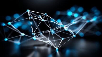 Wall Mural - Network Interconnected nodes with blue spheres and connecting lines on a reflective dark surface with blurred background lights