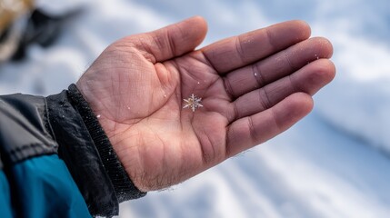 Aufkleber - A delicate snowflake rests in a person's hand, its intricate design illuminated by soft winter light, showcasing the beauty and fragility of winter