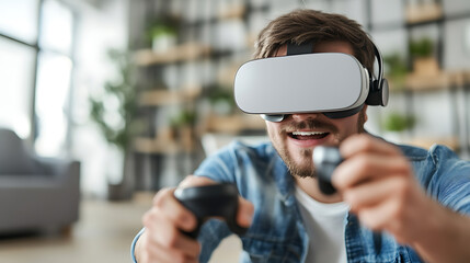 Wall Mural - a person using a virtual reality headgear to experience a 3d game, gaming room setting with vr heads