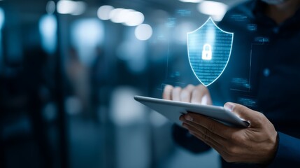 Fototapete - A user interacts with a digital tablet displaying a glowing shield icon while binary code and padlock symbols surround the screen, highlighting cybersecurity measures