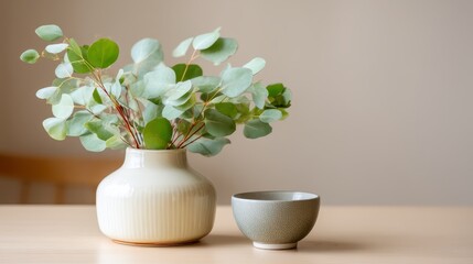 Poster - Soft beige background highlights a minimal table setting featuring a white vase filled with fresh eucalyptus and a small gray bowl, creating a serene atmosphere