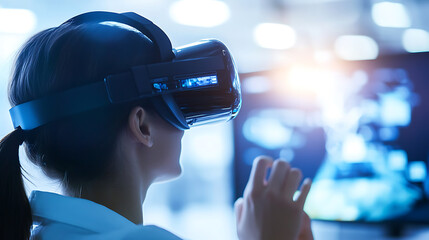 Wall Mural - a person using a virtual reality headset for remote work collaboration, modern office with vr equipm
