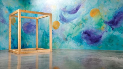 Aufkleber - A wooden frame stands prominently on a smooth surface, surrounded by a vibrant, abstract wall painting that enhances the artistic ambiance of the room