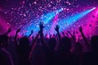 © PlanetOfVectors - People dancing with raised hands in a colorful club scene, creative style, with confetti and neon lighting on a festive background. Concept of celebration. Ai generative