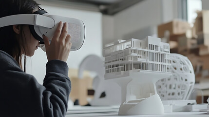 Wall Mural - a person using a vr headset for architectural design visualization, design studio setting with heads