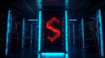 Servers line aisle. Letter 'S' glows red/blue on data center cabinet
