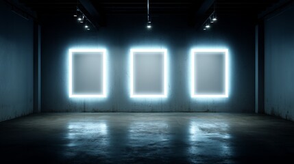 Aufkleber - Three white frames are placed on a concrete wall, softly illuminated by neon lighting, creating a contemporary and clean aesthetic for the art display