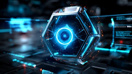 Wall Mural - Tech Core Futuristic hexagonal object emits neon light on circuit board, conveying advanced technology in a digital environment
