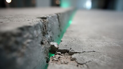 Poster - A wide-angle view captures a cracked concrete wall illuminated by striking neon green highlights, providing dramatic texture perfect for creative design applications