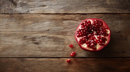 Poster - A halved pomegranate displays bright red seeds on a weathered wooden table, conveying a sense of freshness and rustic charm in soft natural light