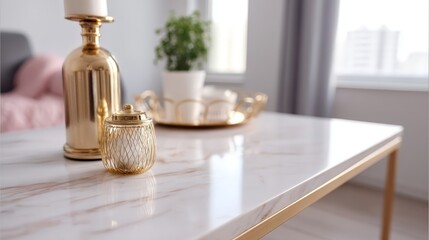 Fototapete - A stylish coffee table displays a golden candle holder and decorative jar, creating a cozy atmosphere in a bright living room filled with natural light