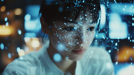 Wall Mural - a researcher analyzing data from a neural network, high-tech office filled with data analytics softw