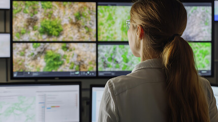 Wall Mural - a researcher studying climate change data with ai models, environmental research lab with digital sc