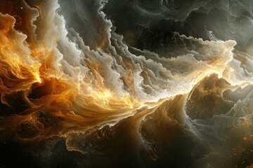 Poster - Abstract swirling cloudscape in gold, grey, and black; celestial, ethereal, and dreamlike.