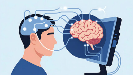 Illustration of brain computer interface with man, brain, computer, and connecting wires shown