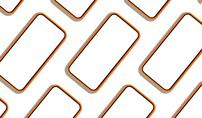 Flatlay of many smartphones with empty screens, arranged in a straight row. The clean, minimal design features a repeating pattern, perfect for app mockup or application display, with a contemporary.