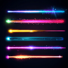 Wall Mural - Bright light beams, laser rays, neon glow effect. Abstract flares, color flashes of disco ball, party lights with rays isolated on transparent background, vector realistic set