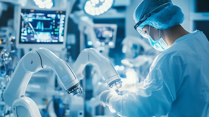 Wall Mural - a researcher working with robotic surgical tools in a hospital, advanced medical facility with robot