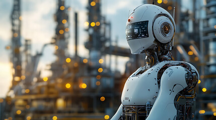 Wall Mural - a robot performing inspections on an oil rig, offshore oil platform with robotic arms and digital mo