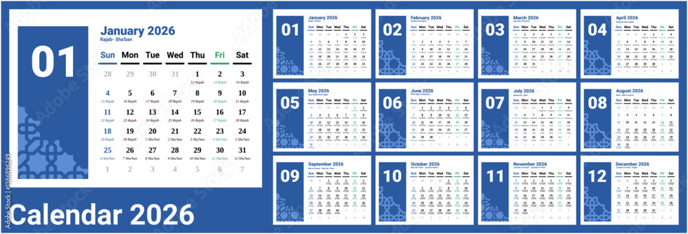 Desk Calendar 2026 with Islamic Hijri calendar . Calendar 2026 with ...