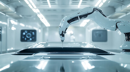 Wall Mural - a robotic arm painting a car body in an automotive factory, futuristic automotive plant with robotic