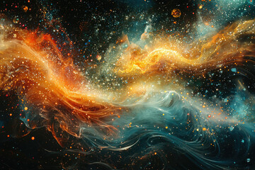 Poster - Cosmic swirls of orange and teal nebulae, interspersed with sparkling stars and celestial bodies.