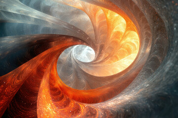 Poster - Abstract swirling vortex of fiery orange and cool grey, cosmic tunnel or nebula.