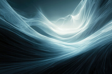 Poster - Abstract fractal art depicting ethereal, flowing waves of light and shadow in a serene landscape.