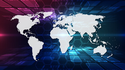 abstract digital world map with glowing lines and blue background. vector illustration.