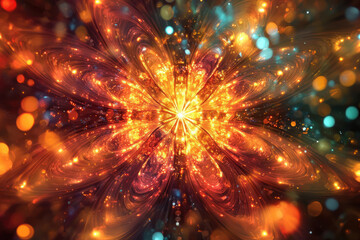 Poster - A fiery fractal flower bursts with radiant energy, glowing with warm orange and teal bokeh.