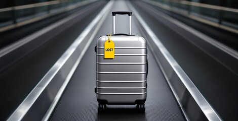 Silver suitcase with yellow lost tag standing alone on airport travelator, photorealistic style, blurred background, concept of lost luggage during journey. Ai generative