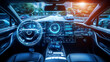 © ColleAno - A smart car dashboard displaying autonomous driving data, futuristic vehicle interior with digital interfaces and navigation maps, High-tech style