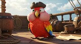 Animated parrot pirate on a wooden ship deck.