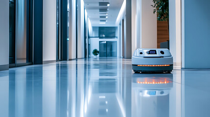 Wall Mural - a smart robot cleaning a modern office building, futuristic office space with robotic cleaning equip