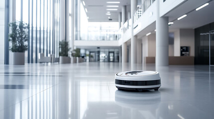 Wall Mural - a smart robot performing cleaning tasks in a large office building, modern office with robotic clean