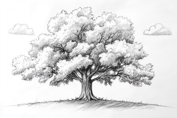Majestic oak tree sketch, cloudy sky, hill, nature drawing, educational resource
