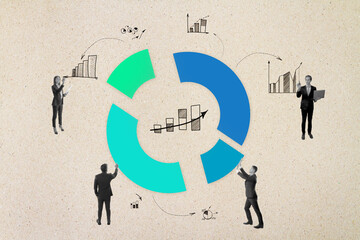 Fototapete - Businesspeople interacting with pie chart and various graphs on textured background in abstract business teamwork concept illustration style.