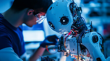 Wall Mural - a technician assembling a robot for space exploration, space lab with robotic tools and space explor