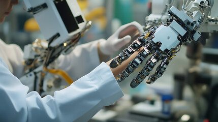 Wall Mural - a technician assembling a robot for space exploration, space lab with robotic tools and space explor