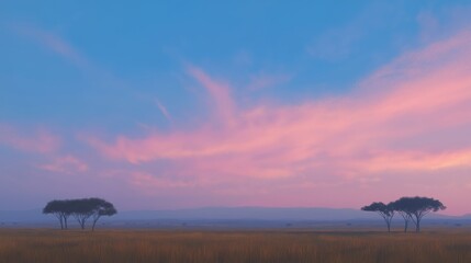Wall Mural - a serene landscape featuring a colorful sunset with silhouettes of trees against a vibrant sky.
