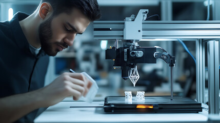 Wall Mural - a technician using a 3d printer to create prototypes in a workshop, modern 3d printing lab with prin