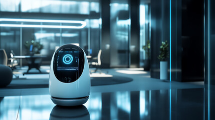 Wall Mural - a virtual assistant robot interacting with users in an office, sleek office space with digital inter