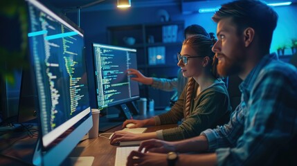 Web IT developers working using a computer together in an office