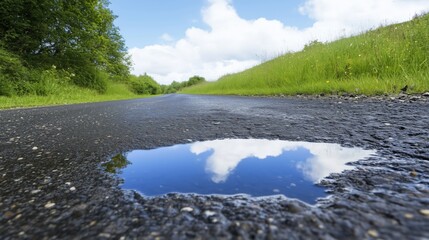 Wall Mural - a peaceful road with a puddle reflecting the sky and greenery on a sunny day.