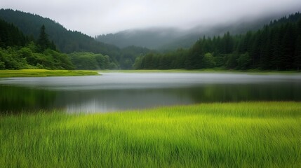 Wall Mural - a tranquil lake reflecting green trees and misty mountains in a peaceful landscape.