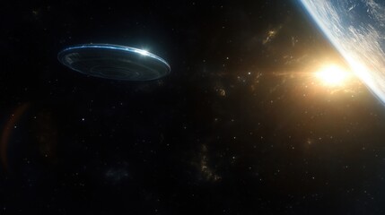 Wall Mural - A futuristic UFO hovering above Earth with a glowing sun in the background.