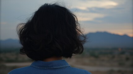 Wall Mural - a woman with curly hair gazing at distant mountains during sunset.