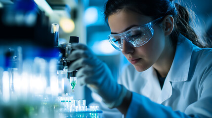 Wall Mural - a biochemist developing synthetic biology systems for carbon capture, high-tech lab with real-time t