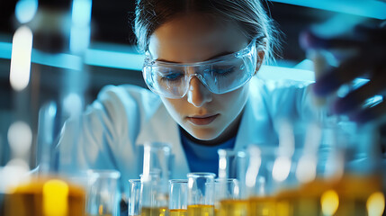 Wall Mural - a biochemist developing synthetic biology systems for carbon capture, high-tech lab with real-time t