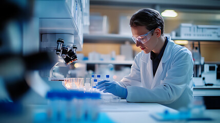 Wall Mural - a biochemist developing targeted drug delivery systems for cancer treatment, high-tech lab with real